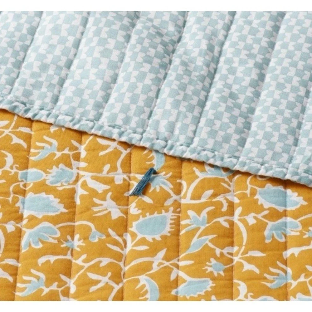 NEW Threshold Full/Queen Earthy Vines Quilt 100% Cotton Mustard Yellow Teal NWT